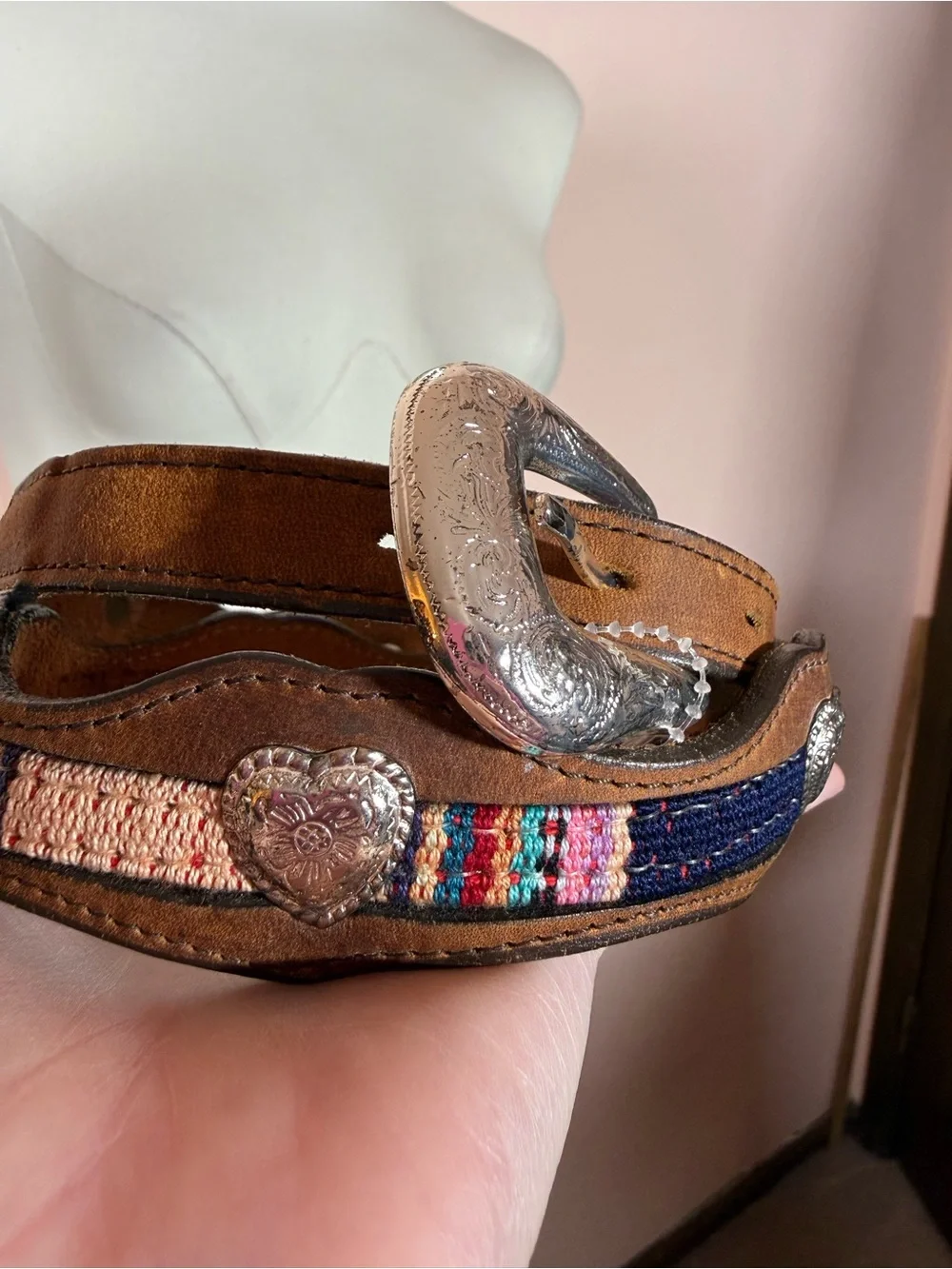 Vintage southwestern leather silver Heart Concho Skinny rodeo princess Belt 32 - Picture 17 of 17